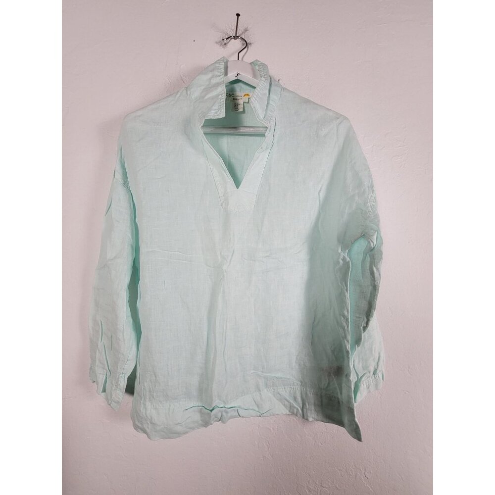 C&C California Womens Light Mint Green Linen Popover Tunic Top XS Long Sleeve